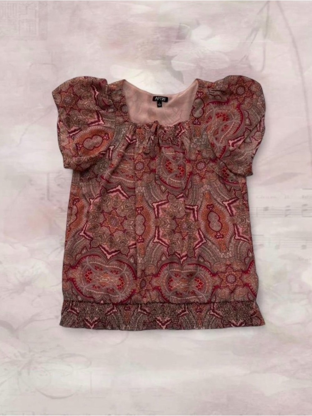 Apt. 9 Paisley Puff Sleeve Blouse - Pink & Brown